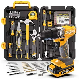 81pc Yellow 18V Cordless Power Drill Driver with Bit Set and Home DIY Tool Kit. All in a Folding Carry Case