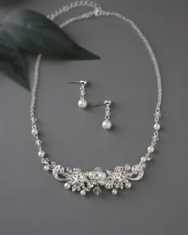 Bridal Necklace Set Of Floral Crystals and Ivory Pearls