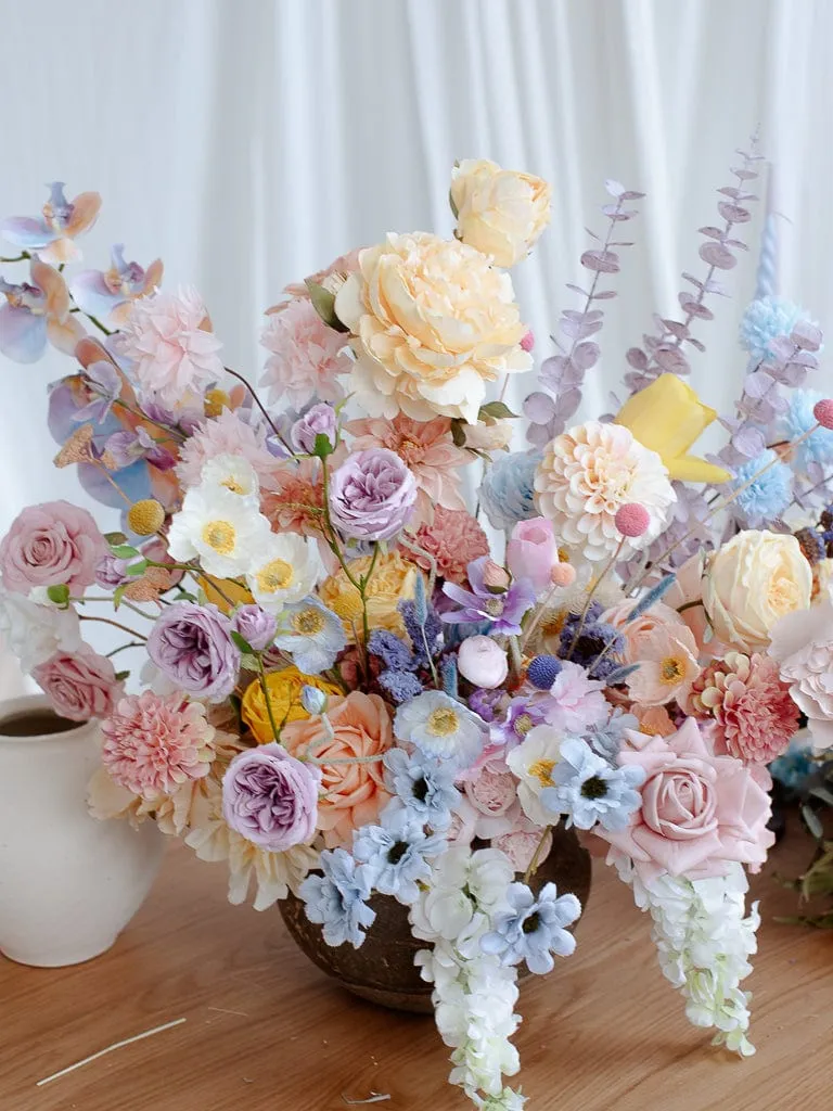 Colourful Dried Flowers Top Table Arrangement - Spring Yellow & Blue