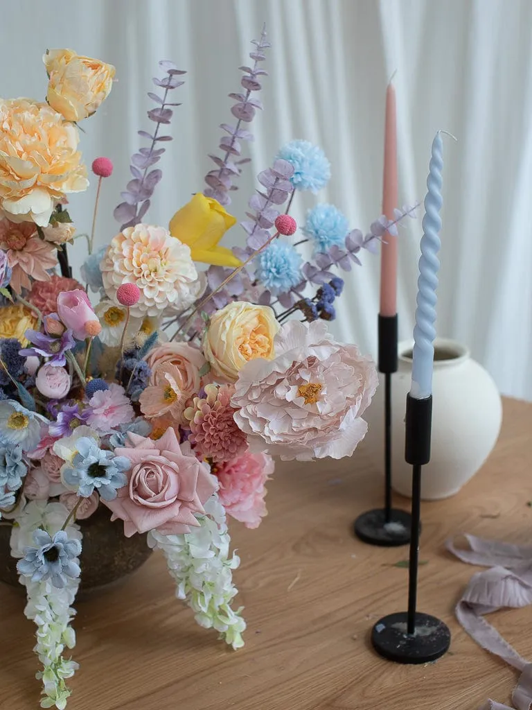 Colourful Dried Flowers Top Table Arrangement - Spring Yellow & Blue