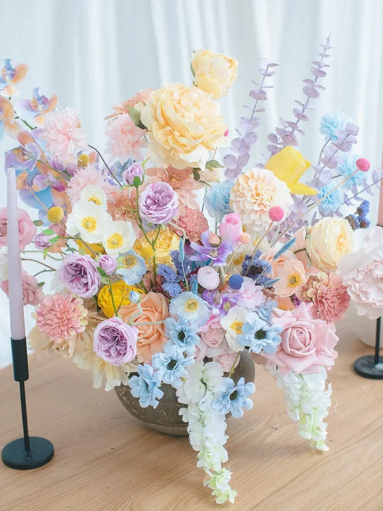 Colourful Dried Flowers Top Table Arrangement - Spring Yellow & Blue