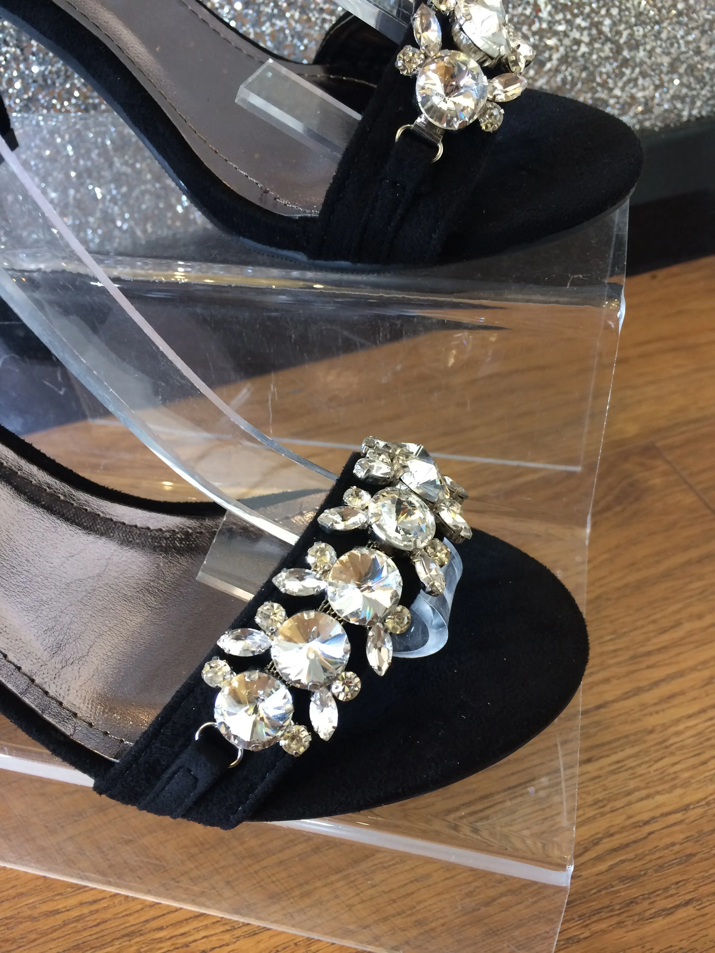 Gemstone Embellished Strap Block Heels- Black