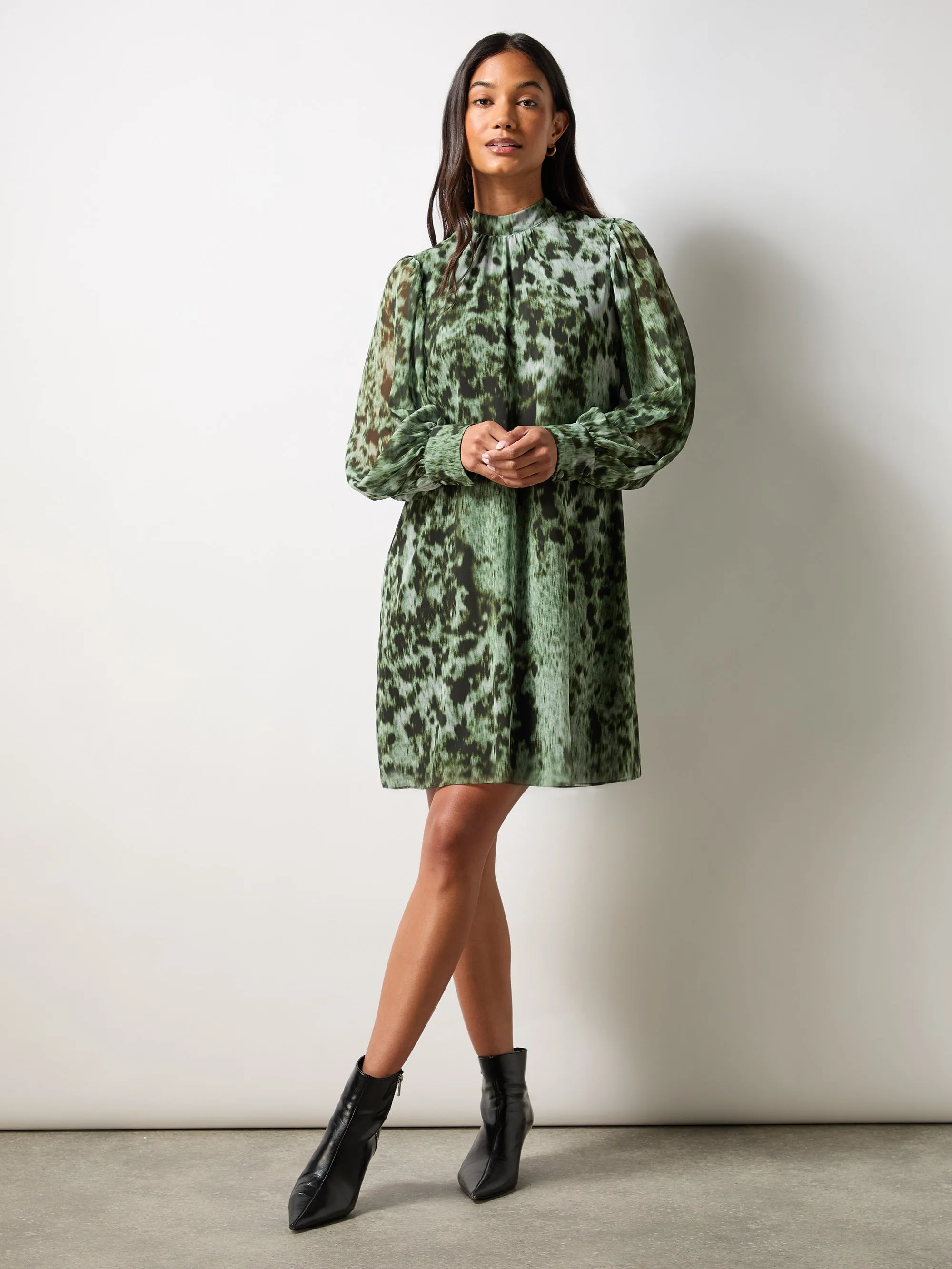 Green Leopard Print High Neck Dress