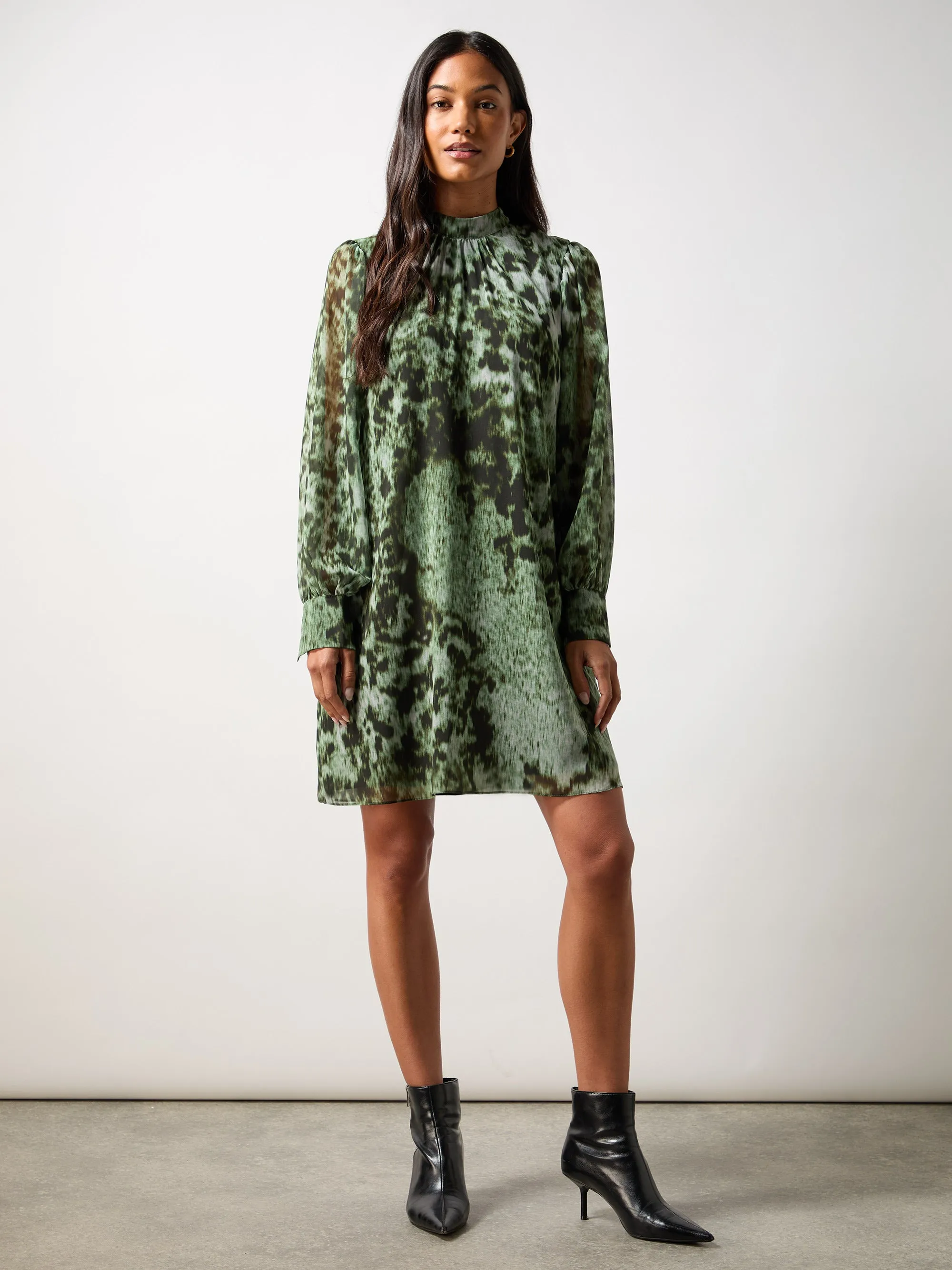 Green Leopard Print High Neck Dress