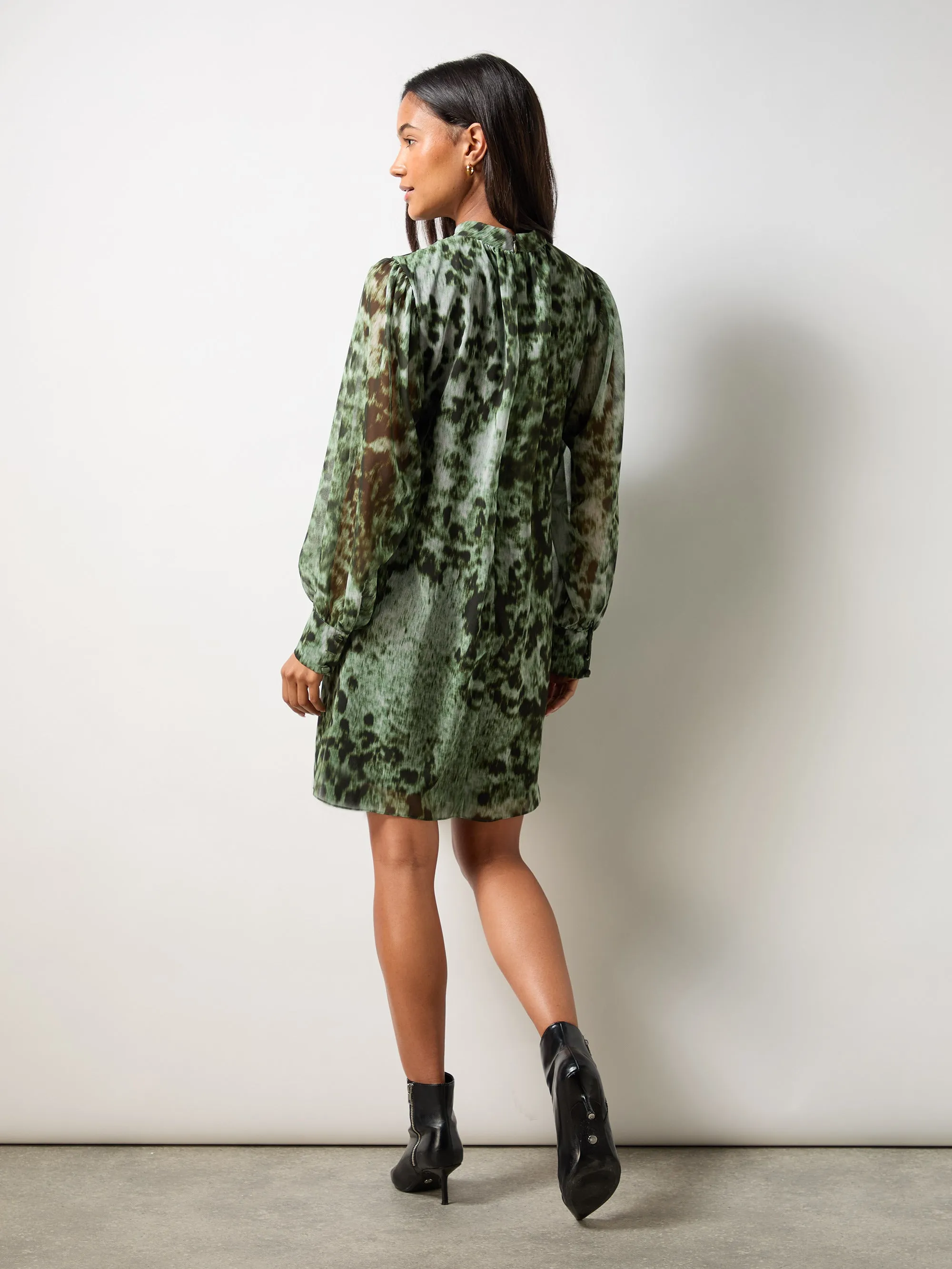 Green Leopard Print High Neck Dress