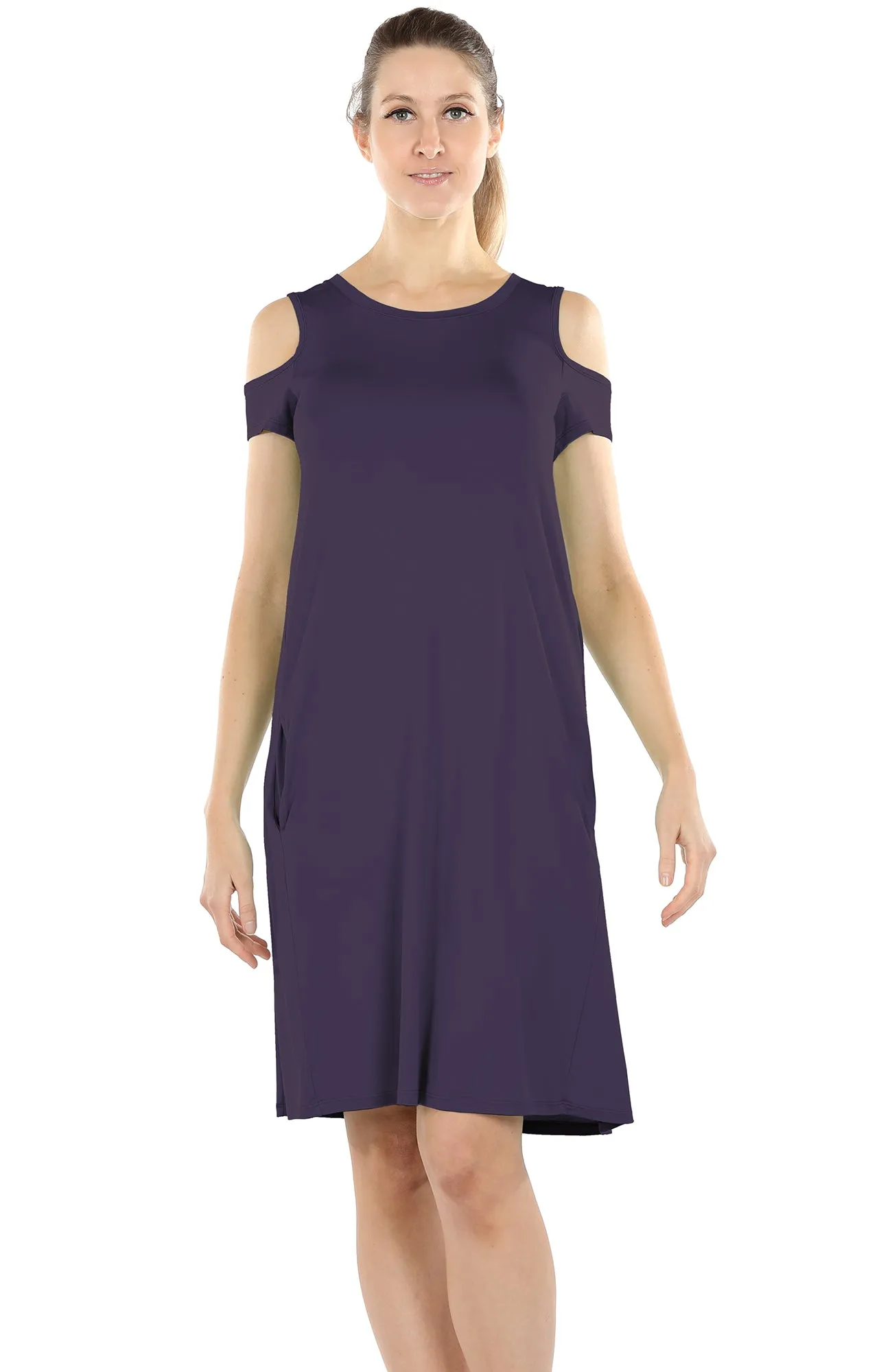 icyzone Casual Summer Dress for Women - Cold Shoulder T-Shirt Midi Dresses with Pockets