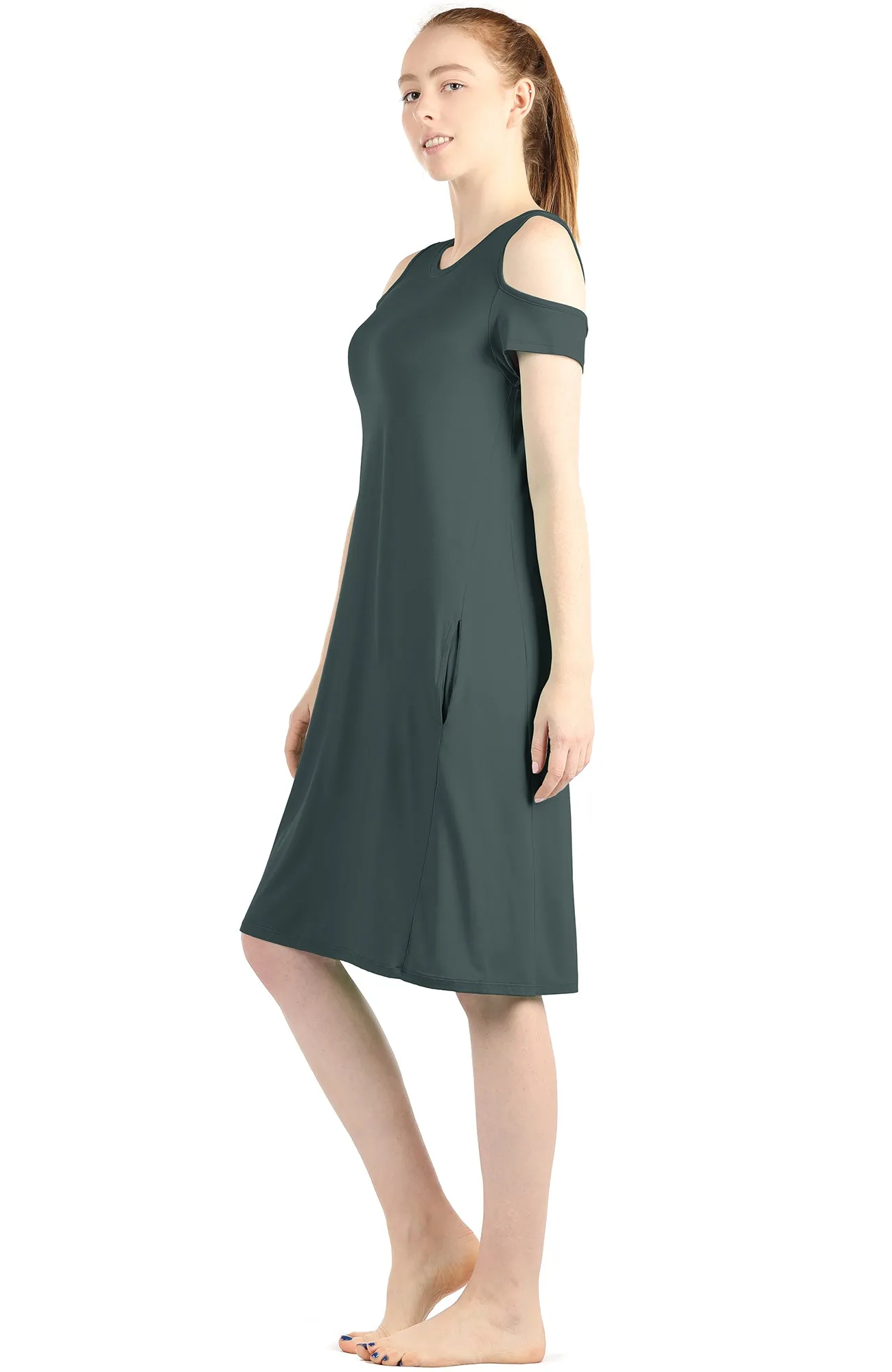 icyzone Casual Summer Dress for Women - Cold Shoulder T-Shirt Midi Dresses with Pockets