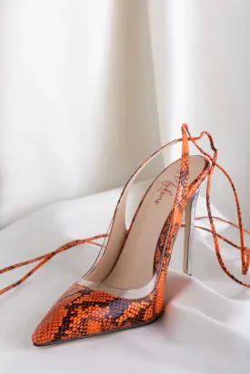 Leather Pointed Toe Party High-Top Stiletto Gladiators Heels - Orange - Snake Print