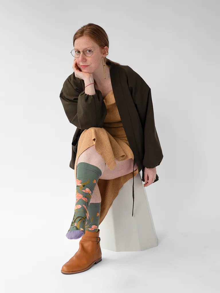 Olive and Peach Tulip Knee Socks